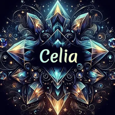Obra de arte lujosa con cristales y piedras brillantes, nombre en el centro sobre fondo oscuro. - Celia