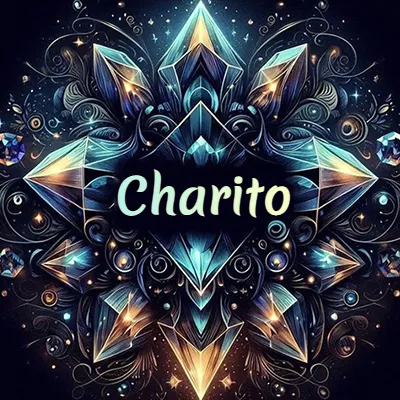 Obra de arte lujosa con cristales y piedras brillantes, nombre en el centro sobre fondo oscuro. - Charito