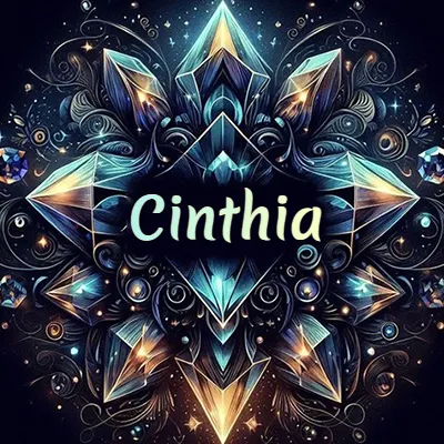 Obra de arte lujosa con cristales y piedras brillantes, nombre en el centro sobre fondo oscuro. - Cinthia
