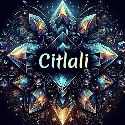 Obra de arte lujosa con cristales y piedras brillantes, nombre en el centro sobre fondo oscuro. - Citlali