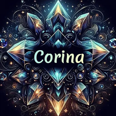 Obra de arte lujosa con cristales y piedras brillantes, nombre en el centro sobre fondo oscuro. - Corina