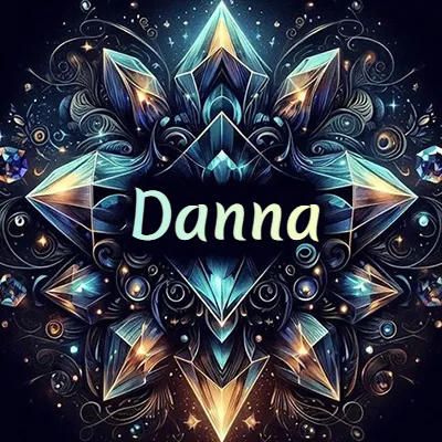 Obra de arte lujosa con cristales y piedras brillantes, nombre en el centro sobre fondo oscuro. - Danna