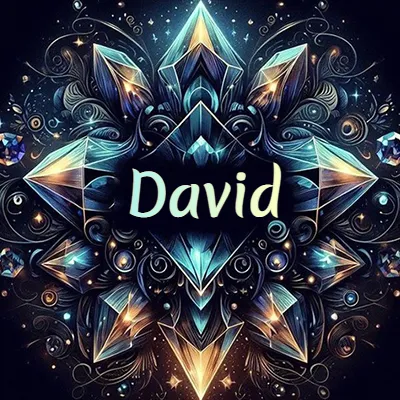 Obra de arte lujosa con cristales y piedras brillantes, nombre en el centro sobre fondo oscuro. - David