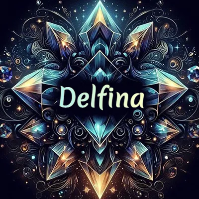 Obra de arte lujosa con cristales y piedras brillantes, nombre en el centro sobre fondo oscuro. - Delfina