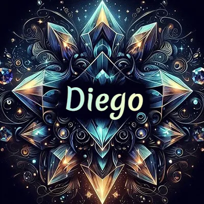 Obra de arte lujosa con cristales y piedras brillantes, nombre en el centro sobre fondo oscuro. - Diego Obra de arte lujosa con cristales y piedras brillantes, nombre en el centro sobre fondo oscuro. - Diego