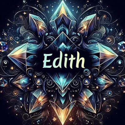 Obra de arte lujosa con cristales y piedras brillantes, nombre en el centro sobre fondo oscuro. - Edith