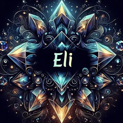 Formación geométrica compleja de cristales y diamantes dispuestos en forma de flor o estrella radiante, donde se entrelazan colores azules y dorados con toques de luz fascinantes y detalles artísticos precisos. El nombre Eli está escrito con tipografía fluida simple en el corazón del área negra en el centro del diseño de cristal. Formación geométrica compleja de cristales y diamantes dispuestos en forma de flor o estrella radiante, donde se entrelazan colores azules y dorados con toques de luz fascinantes y detalles artísticos precisos. El nombre Eli está escrito con tipografía fluida simple en el corazón del área negra en el centro del diseño de cristal.