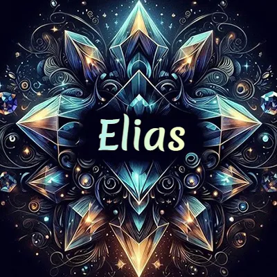 Obra de arte lujosa con cristales y piedras brillantes, nombre en el centro sobre fondo oscuro. - Elias