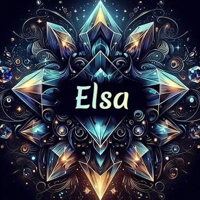 Obra de arte lujosa con cristales y piedras brillantes, nombre en el centro sobre fondo oscuro. - Elsa
