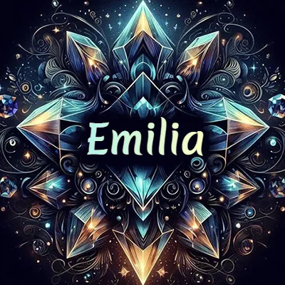 Obra de arte lujosa con cristales y piedras brillantes, nombre en el centro sobre fondo oscuro. - Emilia