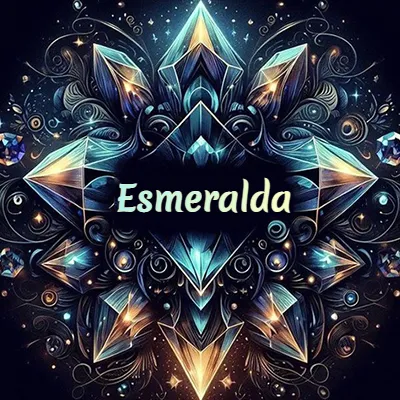Obra de arte lujosa con cristales y piedras brillantes, nombre en el centro sobre fondo oscuro. - Esmeralda