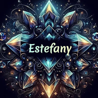 Obra de arte lujosa con cristales y piedras brillantes, nombre en el centro sobre fondo oscuro. - Estefany