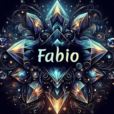 Formación geométrica compleja de cristales y diamantes dispuestos en forma de flor o estrella radiante, donde se entrelazan colores azules y dorados con toques de luz fascinantes y detalles artísticos precisos. El nombre Fabio está escrito con tipografía fluida simple en el corazón del área negra en el centro del diseño de cristal.