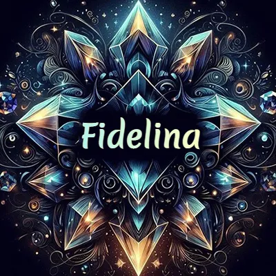 Obra de arte lujosa con cristales y piedras brillantes, nombre en el centro sobre fondo oscuro. - Fidelina