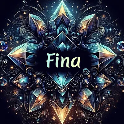 Obra de arte lujosa con cristales y piedras brillantes, nombre en el centro sobre fondo oscuro. - Fina