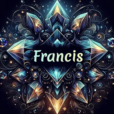Formación geométrica compleja de cristales y diamantes dispuestos en forma de flor o estrella radiante, donde se entrelazan colores azules y dorados con toques de luz fascinantes y detalles artísticos precisos. El nombre Francis está escrito con tipografía fluida simple en el corazón del área negra en el centro del diseño de cristal.