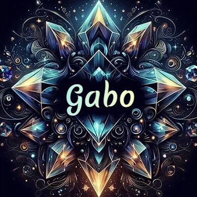 Obra de arte lujosa con cristales y piedras brillantes, nombre en el centro sobre fondo oscuro. - Gabo Obra de arte lujosa con cristales y piedras brillantes, nombre en el centro sobre fondo oscuro. - Gabo