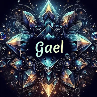 Obra de arte lujosa con cristales y piedras brillantes, nombre en el centro sobre fondo oscuro. - Gael