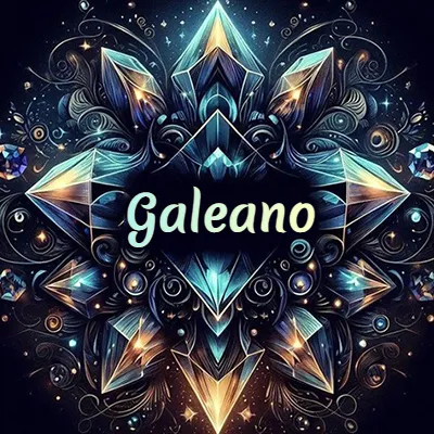 Obra de arte lujosa con cristales y piedras brillantes, nombre en el centro sobre fondo oscuro. - Galeano Obra de arte lujosa con cristales y piedras brillantes, nombre en el centro sobre fondo oscuro. - Galeano