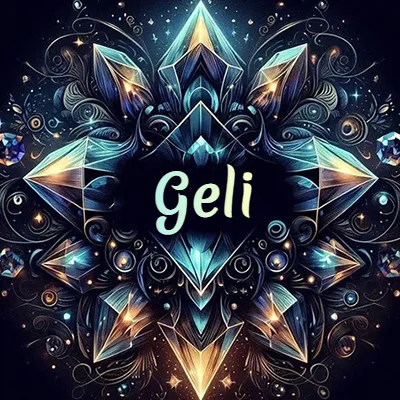 Obra de arte lujosa con cristales y piedras brillantes, nombre en el centro sobre fondo oscuro. - Geli