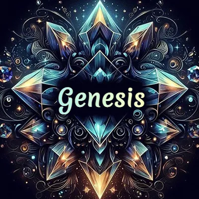 Obra de arte lujosa con cristales y piedras brillantes, nombre en el centro sobre fondo oscuro. - Genesis Obra de arte lujosa con cristales y piedras brillantes, nombre en el centro sobre fondo oscuro. - Genesis