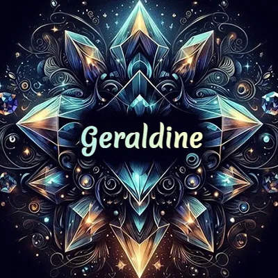 Obra de arte lujosa con cristales y piedras brillantes, nombre en el centro sobre fondo oscuro. - Geraldine