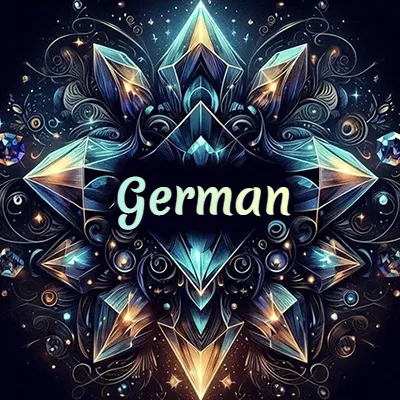 Obra de arte lujosa con cristales y piedras brillantes, nombre en el centro sobre fondo oscuro. - German Obra de arte lujosa con cristales y piedras brillantes, nombre en el centro sobre fondo oscuro. - German