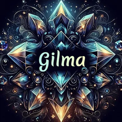 Obra de arte lujosa con cristales y piedras brillantes, nombre en el centro sobre fondo oscuro. - Gilma