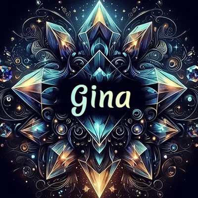 Obra de arte lujosa con cristales y piedras brillantes, nombre en el centro sobre fondo oscuro. - Gina