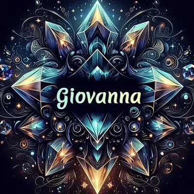 Obra de arte lujosa con cristales y piedras brillantes, nombre en el centro sobre fondo oscuro. - Giovanna