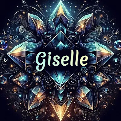 Obra de arte lujosa con cristales y piedras brillantes, nombre en el centro sobre fondo oscuro. - Giselle