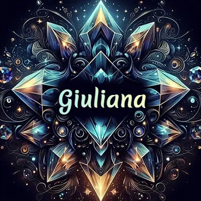 Obra de arte lujosa con cristales y piedras brillantes, nombre en el centro sobre fondo oscuro. - Giuliana