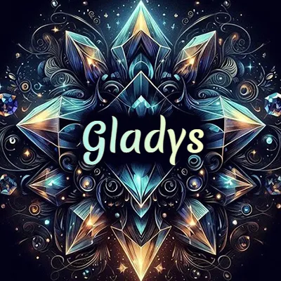 Obra de arte lujosa con cristales y piedras brillantes, nombre en el centro sobre fondo oscuro. - Gladys