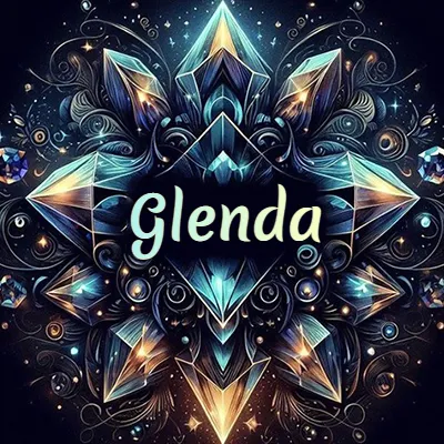 Obra de arte lujosa con cristales y piedras brillantes, nombre en el centro sobre fondo oscuro. - Glenda