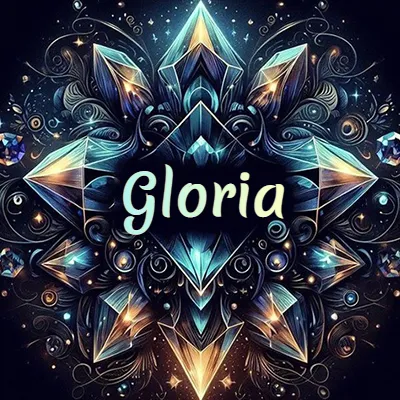 Obra de arte lujosa con cristales y piedras brillantes, nombre en el centro sobre fondo oscuro. - Gloria Obra de arte lujosa con cristales y piedras brillantes, nombre en el centro sobre fondo oscuro. - Gloria