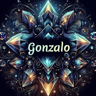 Obra de arte lujosa con cristales y piedras brillantes, nombre en el centro sobre fondo oscuro. - Gonzalo