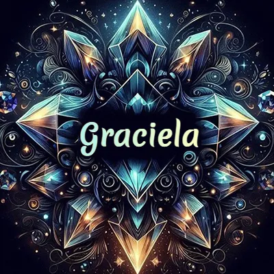 Obra de arte lujosa con cristales y piedras brillantes, nombre en el centro sobre fondo oscuro. - Graciela Obra de arte lujosa con cristales y piedras brillantes, nombre en el centro sobre fondo oscuro. - Graciela