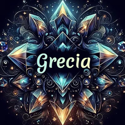 Obra de arte lujosa con cristales y piedras brillantes, nombre en el centro sobre fondo oscuro. - Grecia