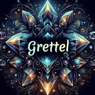 Obra de arte lujosa con cristales y piedras brillantes, nombre en el centro sobre fondo oscuro. - Grettel Obra de arte lujosa con cristales y piedras brillantes, nombre en el centro sobre fondo oscuro. - Grettel