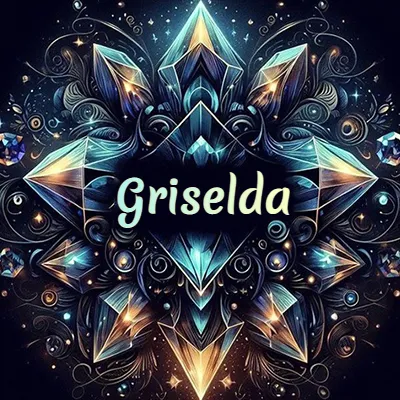 Obra de arte lujosa con cristales y piedras brillantes, nombre en el centro sobre fondo oscuro. - Griselda