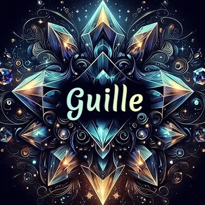 Obra de arte lujosa con cristales y piedras brillantes, nombre en el centro sobre fondo oscuro. - Guille