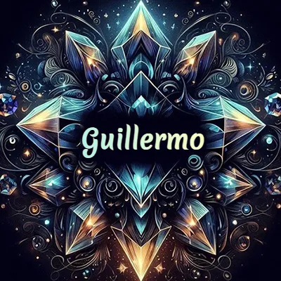 Obra de arte lujosa con cristales y piedras brillantes, nombre en el centro sobre fondo oscuro. - Guillermo