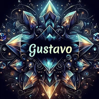 Obra de arte lujosa con cristales y piedras brillantes, nombre en el centro sobre fondo oscuro. - Gustavo