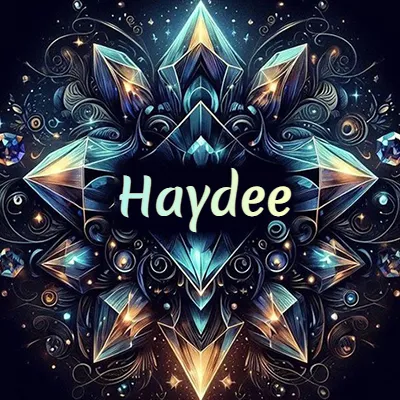 Obra de arte lujosa con cristales y piedras brillantes, nombre en el centro sobre fondo oscuro. - Haydee Obra de arte lujosa con cristales y piedras brillantes, nombre en el centro sobre fondo oscuro. - Haydee