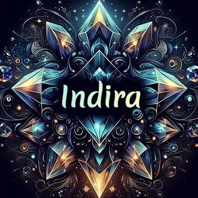 Obra de arte lujosa con cristales y piedras brillantes, nombre en el centro sobre fondo oscuro. - Indira Obra de arte lujosa con cristales y piedras brillantes, nombre en el centro sobre fondo oscuro. - Indira