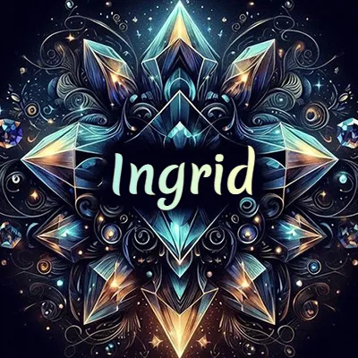 Obra de arte lujosa con cristales y piedras brillantes, nombre en el centro sobre fondo oscuro. - Ingrid Obra de arte lujosa con cristales y piedras brillantes, nombre en el centro sobre fondo oscuro. - Ingrid