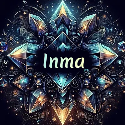 Obra de arte lujosa con cristales y piedras brillantes, nombre en el centro sobre fondo oscuro. - Inma Obra de arte lujosa con cristales y piedras brillantes, nombre en el centro sobre fondo oscuro. - Inma