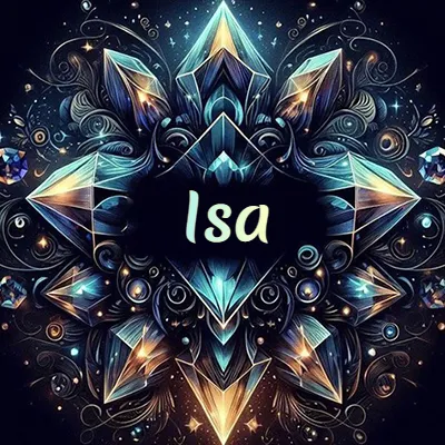 Formación geométrica compleja de cristales y diamantes dispuestos en forma de flor o estrella radiante, donde se entrelazan colores azules y dorados con toques de luz fascinantes y detalles artísticos precisos. El nombre Isa está escrito con tipografía fluida simple en el corazón del área negra en el centro del diseño de cristal.