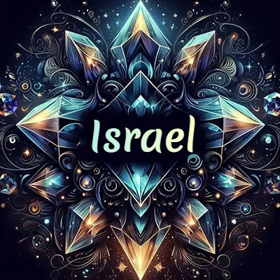 Obra de arte lujosa con cristales y piedras brillantes, nombre en el centro sobre fondo oscuro. - Israel