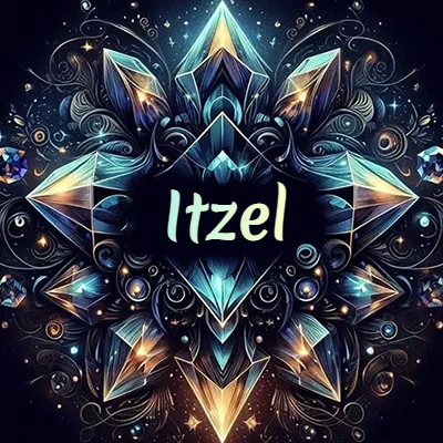 Obra de arte lujosa con cristales y piedras brillantes, nombre en el centro sobre fondo oscuro. - Itzel Obra de arte lujosa con cristales y piedras brillantes, nombre en el centro sobre fondo oscuro. - Itzel